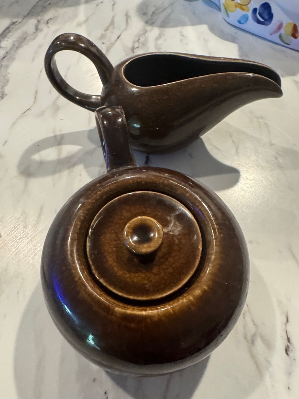 Brown Glazed Ceramic Sugar Bowl and Creamer Set - Home Kitchen